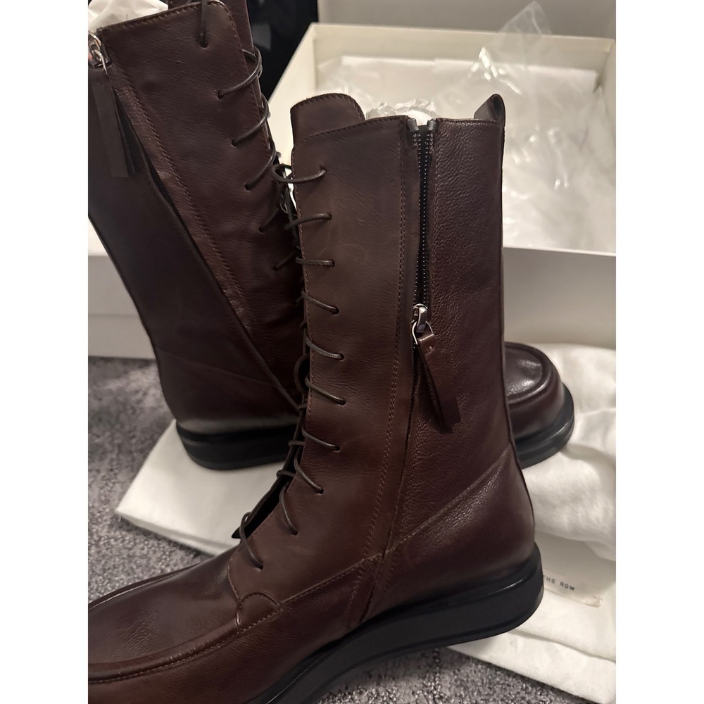 The Row Patty Boot Dark Brown Vegetable Leather Lace Up Zip Mid-Calf 38.5 F1141 - Picture 4 of 8